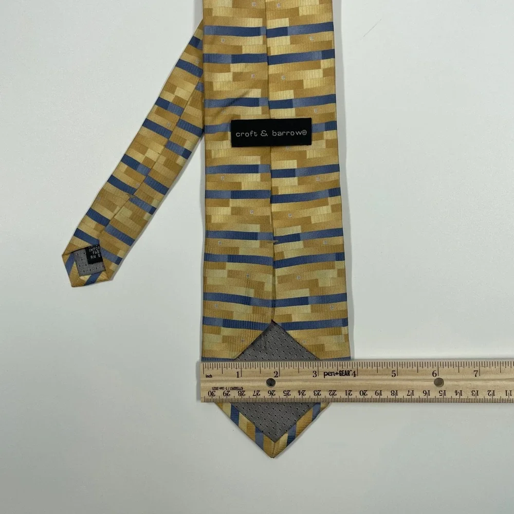 Croft & Barrow Gold Blue Geometric Block Stripe Silk Necktie Mens OSFA